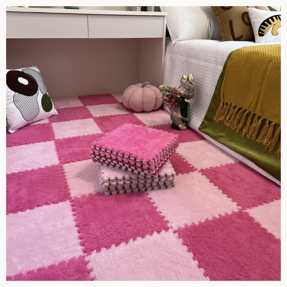 50Pcs Plush Interlocking Foam Floor Mat Tiles Soft Nonslip Carpet For Playroom Living Room Pink Rose Red Pink,Red