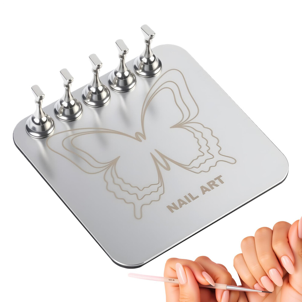Silver Magnetic Nail Holder For Press On Nails With Stable Base, Reusable Metal Stand 8.6X8.6cm For Salon Practice
