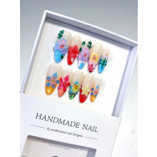 3D Floral Stiletto Press On Nails Long Reusable False Nail Tips Set Handmade Shimmery Butterfly Design