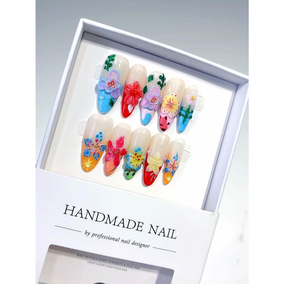 3D Floral Stiletto Press On Nails Long Reusable False Nail Tips Set Handmade Shimmery Butterfly Design