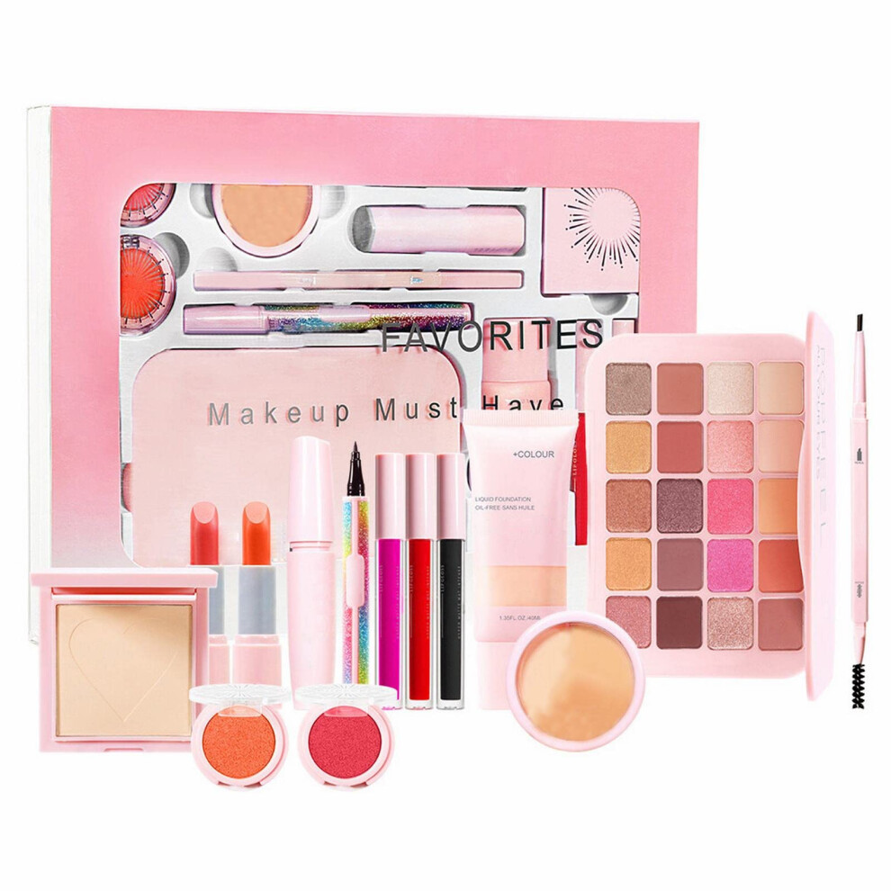 AllâinâOne Rose Lip Stain Makeup Gift Set for Women, Full Face Kit with Brushes and Lip Gloss