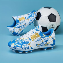 (White Blue, 4 Big Kid) Chuteiras de futebol para treinamento e competição com cano baixo e cano longo para jovens - tachas leves e respiráveis