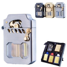 Windproof Metal Lighter Retro Kerosene Refillable Design with Smooth Rocker Ignition for Travel Camping Silver