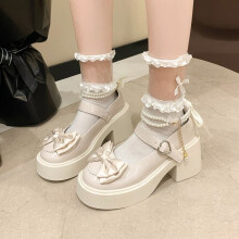 (Beige Color, 2 Big Kid) New Spring/Summer Shiny Platform Flat Shoes with Bow and Pearl Heart Decoration, Black Colorway Suitable