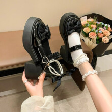 (Black, 2.5 Big Kid) New Spring/Summer Shiny Platform Flat Shoes with Bow and Pearl Heart Decoration, Black Colorway Suitable