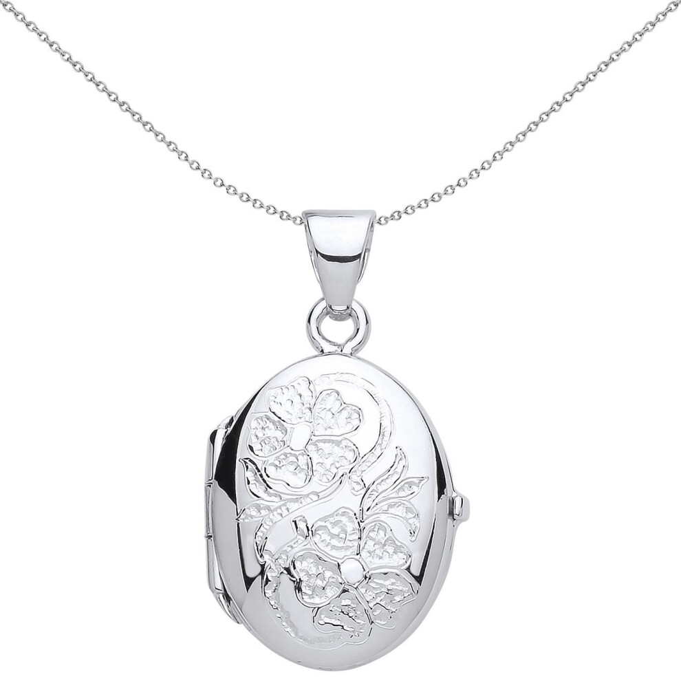 Jewelco London Ladies Sterling Flowers Oval Locket Necklace 18 Inch - Lk52 Silver