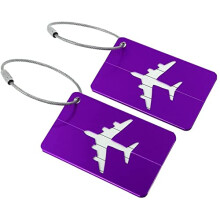 Aluminum Luggage Tags for Suitcases, Durable Metal ID Tag with Privacy Cover and Steel Cord, Purple 2 Pack