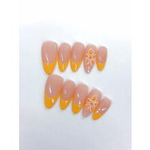 Long Almond Press On Nails Peach and Yellow Ombre with 3D Floral Rhinestones Reusable Shimmery Set D529