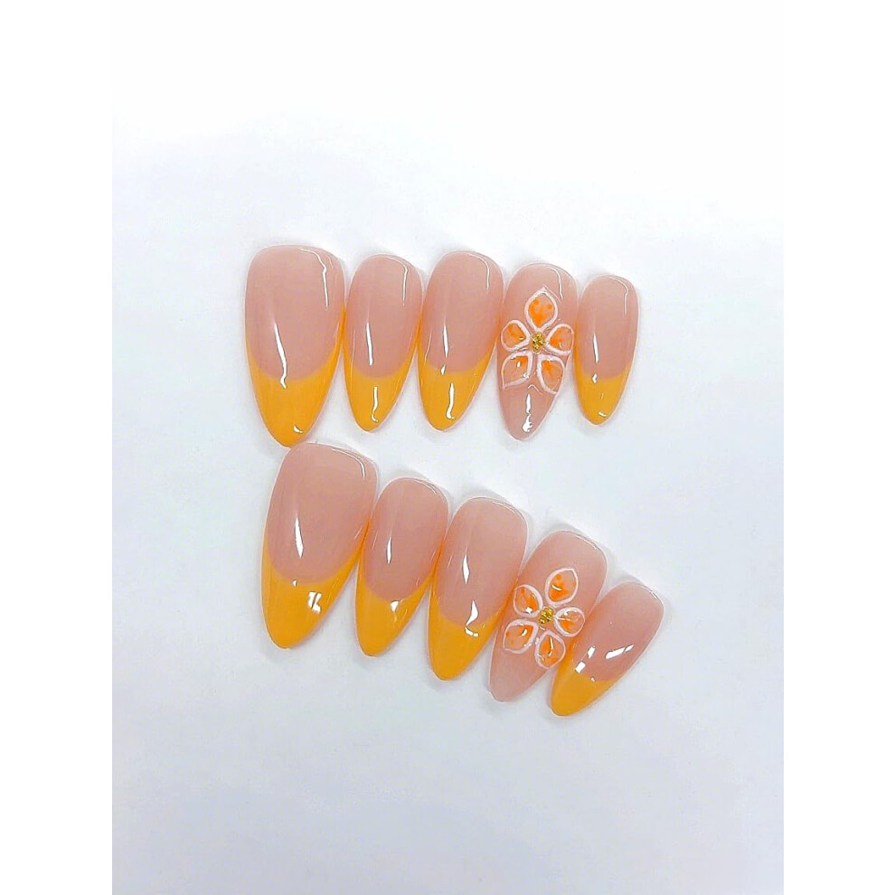 Long Almond Press On Nails Peach and Yellow Ombre with 3D Floral Rhinestones Reusable Shimmery Set D529