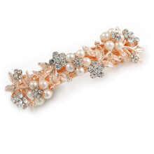 Bridal Hair Clip Rose Gold Pearl Barrette with Vintage Floral Design and Crystal Flower Detail 80mm