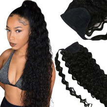 18 Inch Curly Human Hair Ponytail Extension 80g Natural Black Wrap Around Clip in Ponytail for Black Women