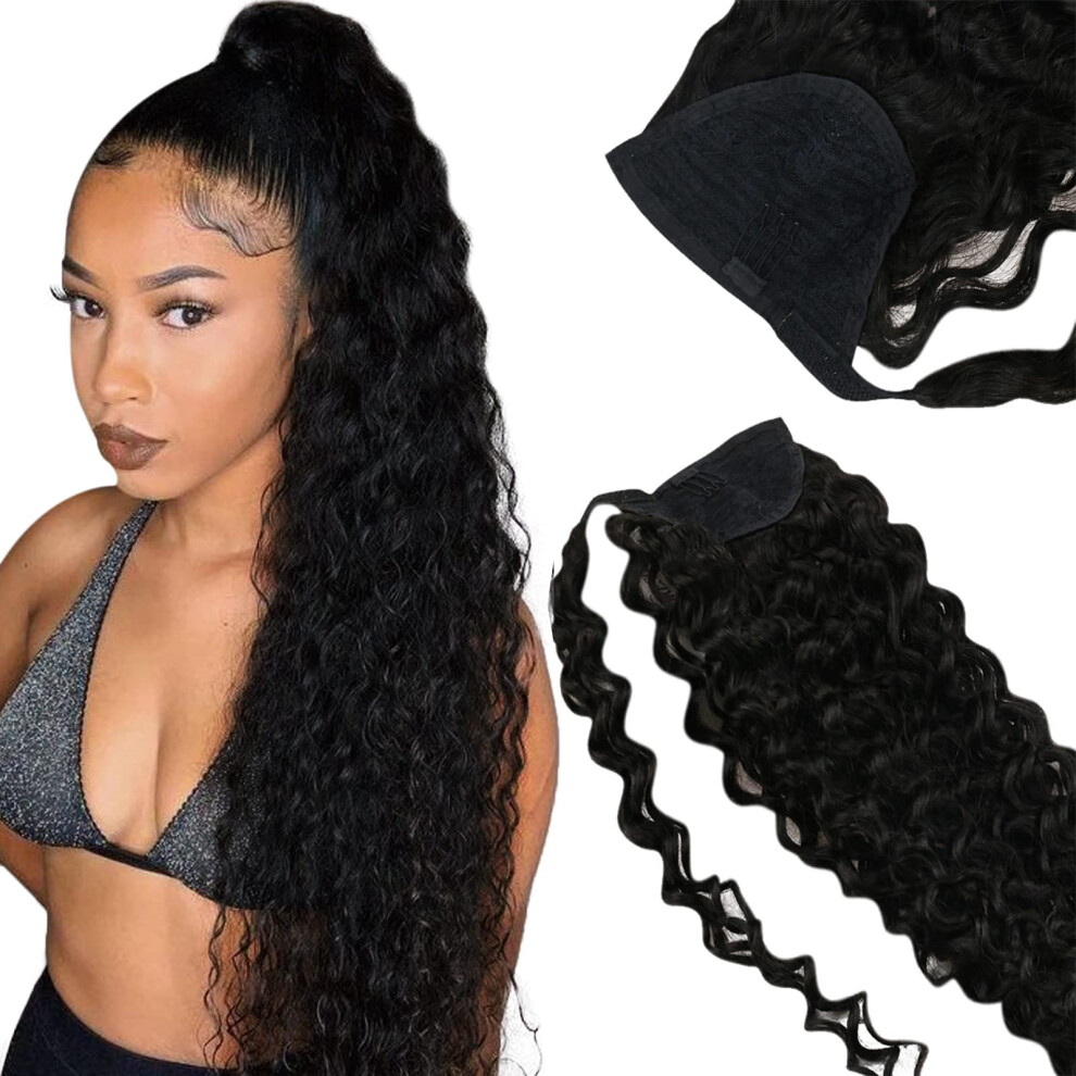 Unisex Black 18 Inch Curly Human Hair Ponytail Extension 80G Natural Wrap Around Clip In Ponytail For Women