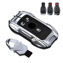 Key Fob Cover Silver Zinc Alloy Case with Keychain 360 Full Protection for Mercedes Benz Models