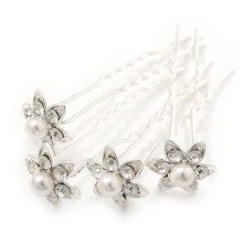 Bridal Hair Pins Set of 4 Rhodium Plated Pearl Flower Wedding Hair Accessories with Crystal Accent