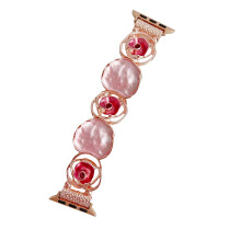 Rose Pink Band for Apple Watch Elastic Jewelry Strap for Women, Handmade Glitter Design Fits 42mm 44mm 46mm 49mm