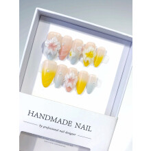Pastel Color Block Press On Nails Almond Shape with 3D Floral Pearl Design Reusable Long Set D490