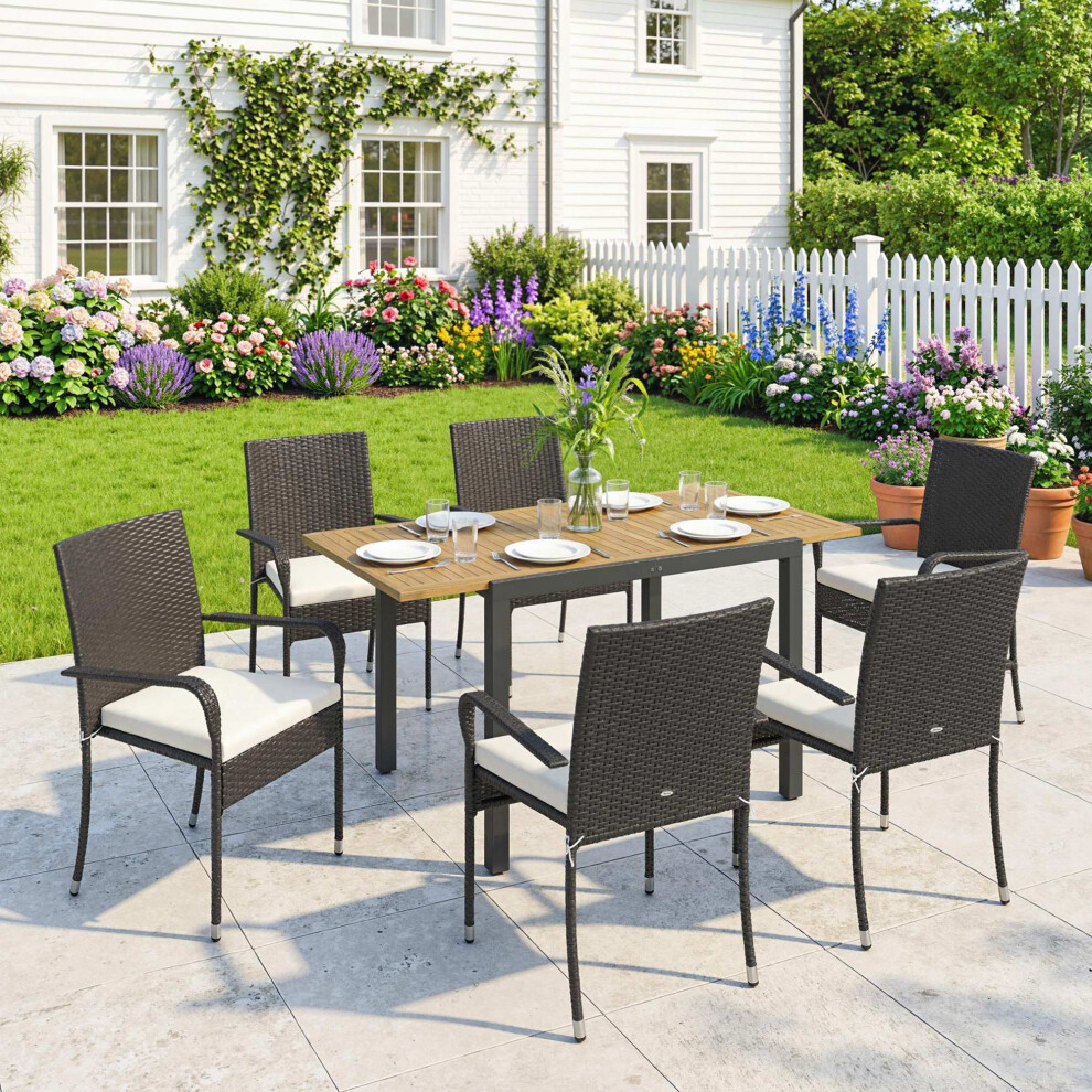 Outsunny 6 Seater Rattan Garden Furniture Set With Stackable Chairs, Cream