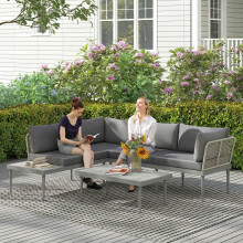 Outsunny 4 Seater Wicker Outdoor Corner Sofa Set with 2 Loveseats Grey