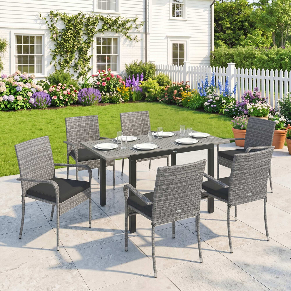 Outsunny 6 Seater Rattan Garden Furniture Set With Stackable Chairs, Light Grey