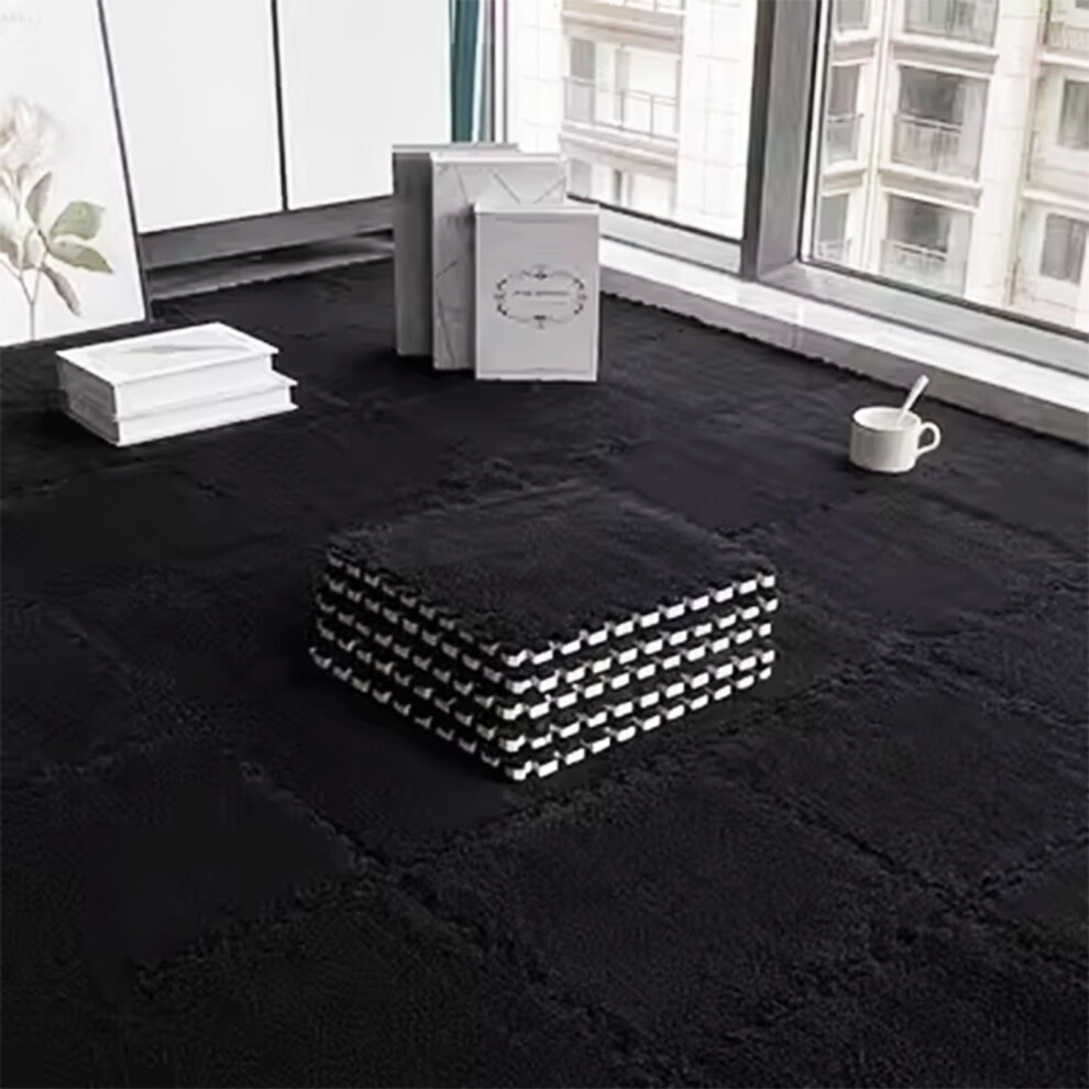 Foam Interlocking Floor Mats 60X60cm Plush Carpet Tiles, Soft Cushioned Non‑Slip Playroom Flooring Black