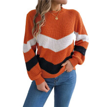 Womens Sweater Pullover Casual Long Sleeve Crewneck Color Block Pullover Knit Sweater for Women Orange Color M