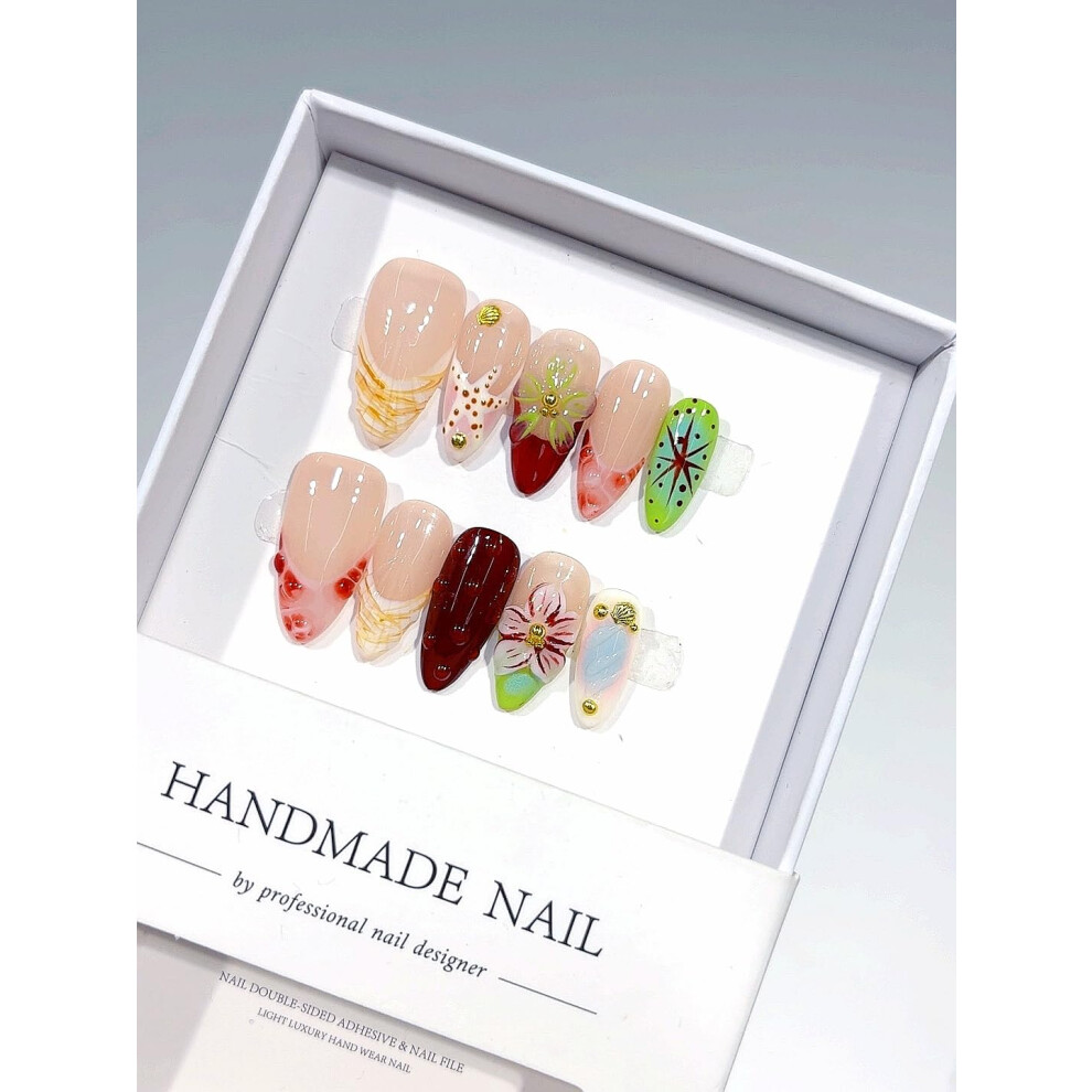 Handmade Long Almond Press On Nails Set with 3D Floral and Gold Accents, Shimmery Nude Reusable Manicure