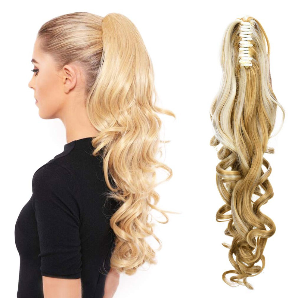 Unisex Silver 20 Inch Blonde Platinum Claw Clip Ponytail Extension For Women, Long Curly Synthetic Hair Piece With Instant Volume Boost