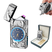 USB Rechargeable Electric Lighter Dual Plasma Arc Windproof Flameless Dolphin Shape with Flashlight Gift for Men Silver