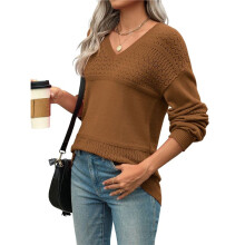 Womens 2025 Fall Casual Long Sleeve Ribbed Knit V Neck Light-Weight Crochet Pullover Sweater Coffee Color XL