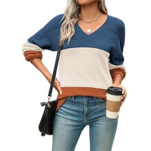 Womens 2025 Fall Casual Long Sleeve Ribbed Knit V Neck Light-Weight Crochet Pullover Sweater Apricot L