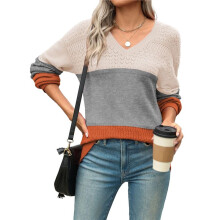 Womens 2025 Fall Casual Long Sleeve Ribbed Knit V Neck Light-Weight Crochet Pullover Sweater Grey XXXL
