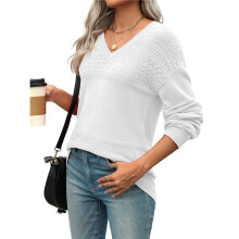Womens 2025 Fall Casual Long Sleeve Ribbed Knit V Neck Light-Weight Crochet Pullover Sweater White L