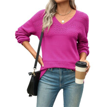 Womens 2025 Fall Casual Long Sleeve Ribbed Knit V Neck Light-Weight Crochet Pullover Sweater Rose Red S