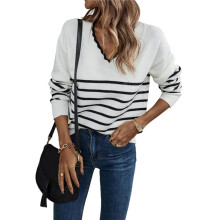 Women Knit Sweater Casual V Neck Striped Print Loose Pullover Long Sleeve Sweater Tops White L