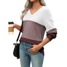 Womens 2025 Fall Casual Long Sleeve Ribbed Knit V Neck Light-Weight Crochet Pullover Sweater Brown Gray XL