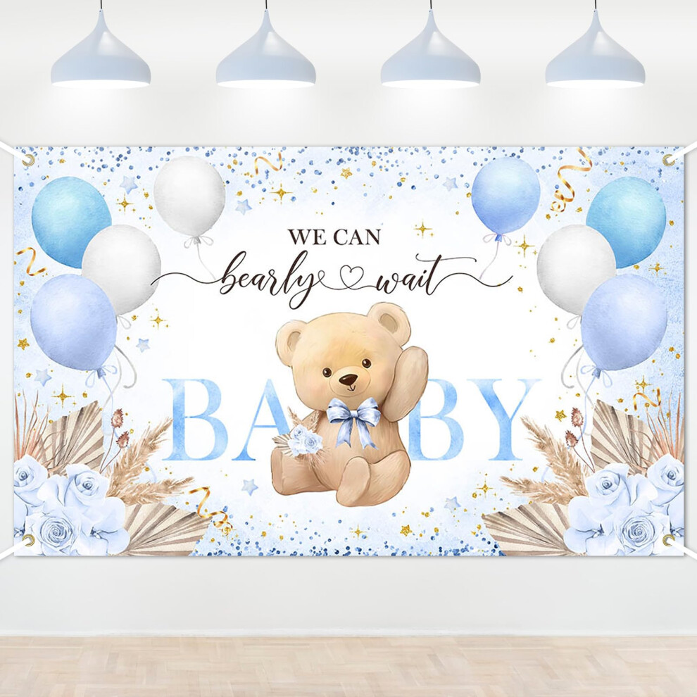 Bear Baby Shower Backdrop 6X3.6ft We Can Bearly Wait Banner For Boy, Large Reusable Photo Background Blue