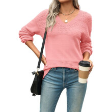 Womens 2025 Fall Casual Long Sleeve Ribbed Knit V Neck Light-Weight Crochet Pullover Sweater XL
