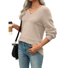 Womens 2025 Fall Casual Long Sleeve Ribbed Knit V Neck Light-Weight Crochet Pullover Sweater Pure Apricot Color XL