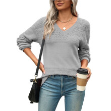 Womens 2025 Fall Casual Long Sleeve Ribbed Knit V Neck Light-Weight Crochet Pullover Sweater Pure Gray XXXL