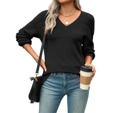 Womens 2025 Fall Casual Long Sleeve Ribbed Knit V Neck Light-Weight Crochet Pullover Sweater Black S