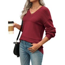 Womens 2025 Fall Casual Long Sleeve Ribbed Knit V Neck Light-Weight Crochet Pullover Sweater Wine Red M