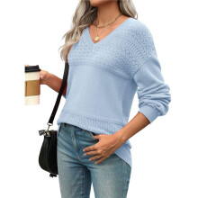 Womens 2025 Fall Casual Long Sleeve Ribbed Knit V Neck Light-Weight Crochet Pullover Sweater Pure L