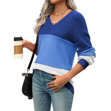 Womens 2025 Fall Casual Long Sleeve Ribbed Knit V Neck Light-Weight Crochet Pullover Sweater  L