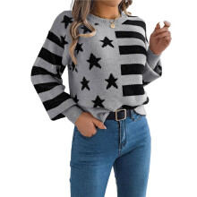 Women'S Striped Drop Shoulder Sweater Oversized Crew Neck Knit Sweaters Pullover Top Grey XL