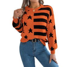 Women'S Striped Drop Shoulder Sweater Oversized Crew Neck Knit Sweaters Pullover Top Orange Color L