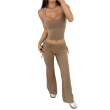 Women'S 2 Piece Outfits Lounge Sets Sleeveless Tank Tops Wide Leg Pants Sets Tracksuits Match Sets Coffee Color L