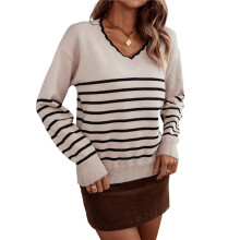 Women Knit Sweater Casual V Neck Striped Print Loose Pullover Long Sleeve Sweater Tops Apricot L