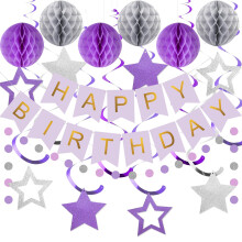 Birthday Party Decorations Set, Purple and Silver Happy Birthday Banner with Honeycomb Balls and Streamers