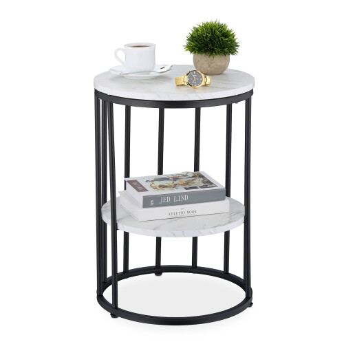 Round Marble Look Side Table with 2 Levels