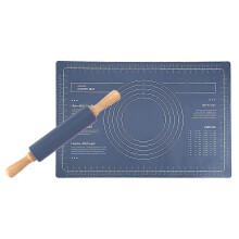 Pie Bread Baking Mat and Rolling Pin for Kitchen Use 2Sets Blue Silicone and Wood